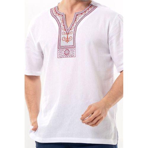Kısa Kol Şile Bezi Bisiklet Yaka Etnik Erkek Yazlık T-shirt Beyaz Byz