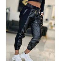 Kadın Yüksek Bel Lastikli Cepli Deri Detaylı Dalgıç Pantolon