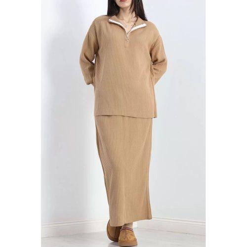 pilelistore Fermuarlı Etekli Triko Takım Camel