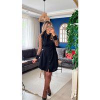 Kadın Uzun Kollu Yakalı Düğmeli Mini Ithal Krep Elbise