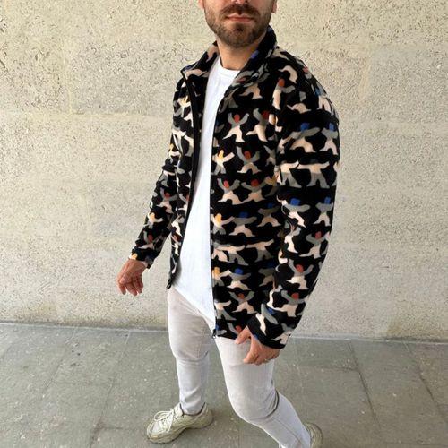 Erkek Tam Fermuarlı Desenli Polar Sweat – Siyah Multicolor Figür Desen Yakalı, Uzun Kollu, Oversize Rahat Kalıp- Siyah
