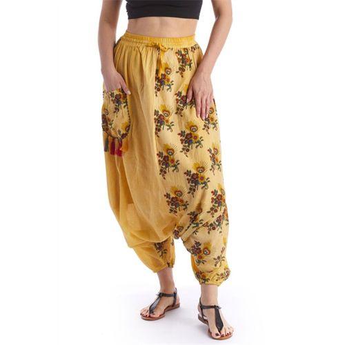 Sarı Beli Lastikli Otantik Yazlık Kadın Püsküllü Poplin Şalvar