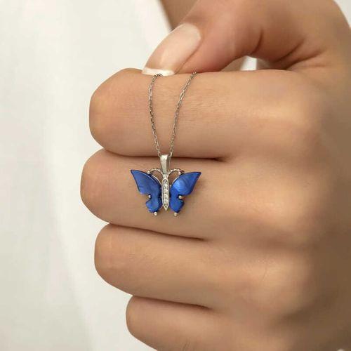 Lucky Life 925 Ayar Gumuss  Mavi Kaplangözü Taşlı Kelebek Kolye