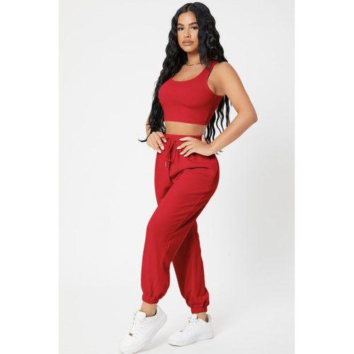 Kadın Kırmızı Kaşkorse Cepli Jogger Eşofman Altı Ve Crop Top Bluz
