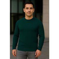 Erkek Bisiklet Yuvarlak Yaka Triko Kazak Pamuklu Kalın Fitilli Dokuma, Regular Fit Uzun Kollu Kışlık Model - Haki