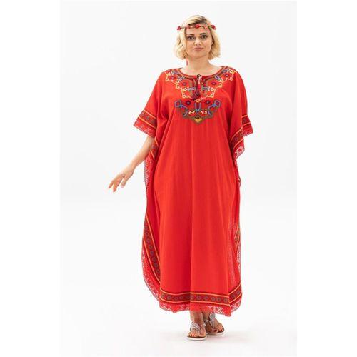 Kısa Kol Şile Bezi Gülseren Uzun Yazlık Otantik Elbise Kırmızı Krmz