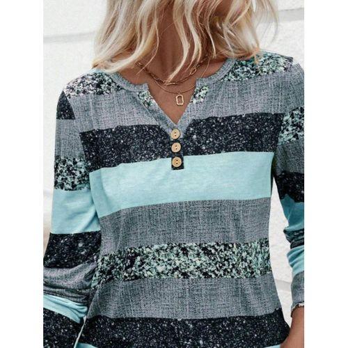 Kadın Uzun Kollu Yakadan Düğmeli çizgili Desenli Süprem Bluz