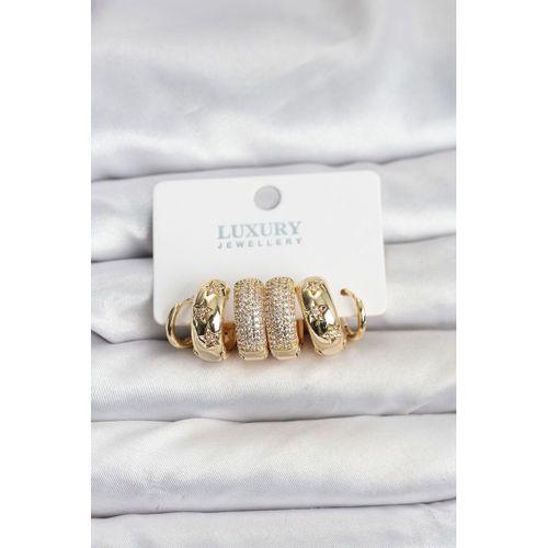 Zirkon Taşlı Pirinç Gold Renk Halka Kadın Küpe Seti