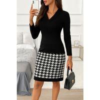 Kadın Uzun Kollu V Yaka Alt Tarafı Desenli Dalgıç Mini Boy Elbise