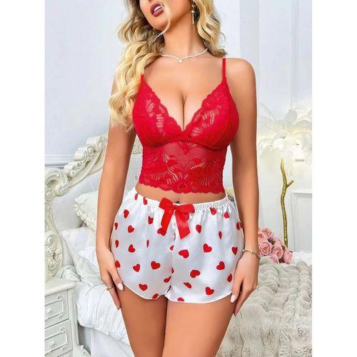 Kadın Kırmızı Kalp Desenli Şort Askılı Dantel Üst Pijama Takımı 2218