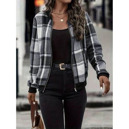 Kadın Uzun Kollu önden Fermuarlı Ekose Desenli Ceket