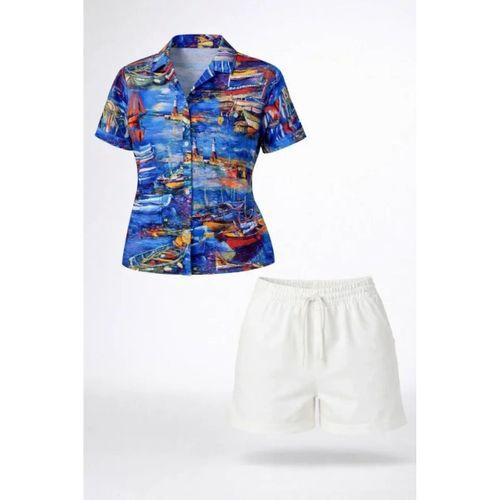 Deniz Temalı Desenli Kısa Kol Gömlek Şort Takım Yazlık Rahat Kalıp - Desenli