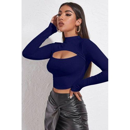 Kadın Lacivert Modern Fit Göğüs Dekolteli Uzun Kollu Cut Out Crop Top Bluz