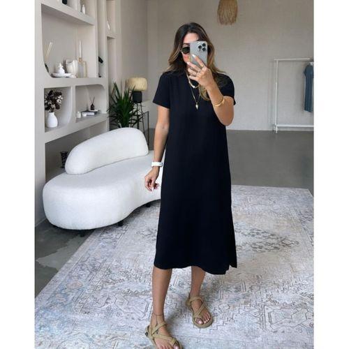 Lucky Life Kadın Viskon Kumaş Kısa Kollu çift Yırtmaç Detaylı Salaş Elbise