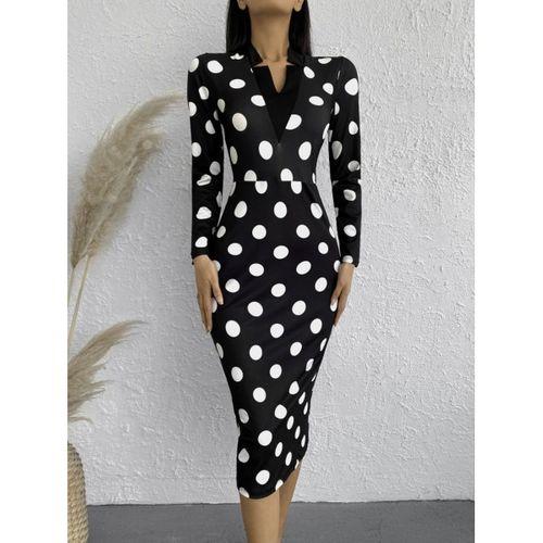 Kadın Uzun Kollu V Yaka Puantiyeli Krep Midi Boy Elbise