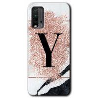 Xiaomi Redmi 9T Kılıf Baskılı Arka Kapak - Pembe Mermer Desenli Y Harfi +Tam Ekran Koruyucu