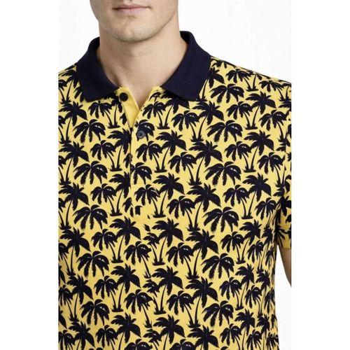Erkek Pike Kumaş Polo Yaka Palmiye Desenli Tişört Kısa Kol Yazlık T-Shirt - Sarı