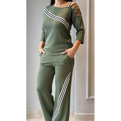 Kadın Uzun Kollu Truvakar Kol Tek Omuz çapraz şerit Detaylı Ribanalı Viskon Iki Iplik Bluz Ve Pantolon Ikili Takım