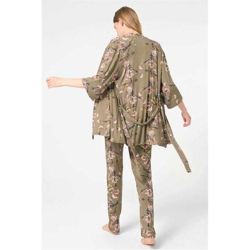 İp Askılı V Yaka Viskon Çiçek Desenli Kışlık Örme Normal Bel Bağlamalı Dantel Detaylı Pijama Takımı Sabahlık