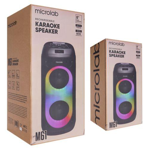 MICROLAB M61, 80W, Taşınabilir, BT/USB/AUX/TF/TWS, RGB Işıklı, 2400mAh Batarya, 2adet VHF Mikrofon, Karaoke/Parti, Bluetooth Speaker,