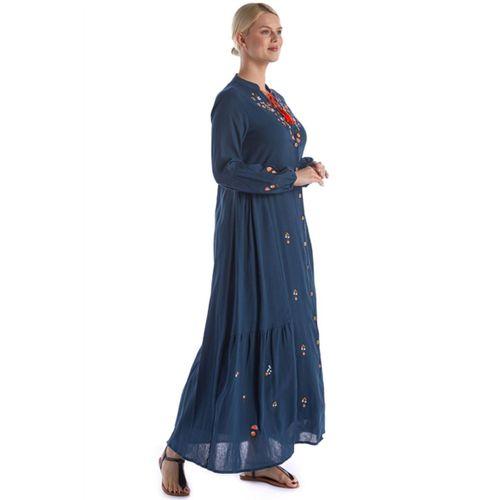 Uzun Kol Petrol Nakışlı Püskül Bağcıklı Hakim Yaka Yazlık Şile Bezi Uzun Elbise