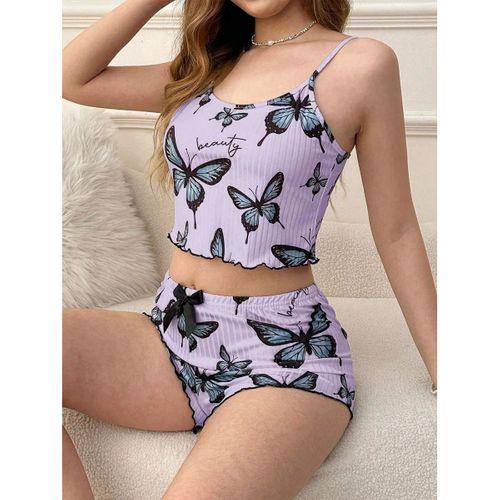 Mor Renk Kelebek Desenli Şortlu Ev Giyim Takımı,kadın Yazlık Askılı Pijama, Rahat Ve Şık Ev Giyim