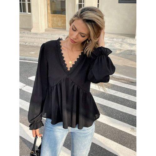 Kadın Uzun Kollu V Dantel Yaka Aerobin Bluz