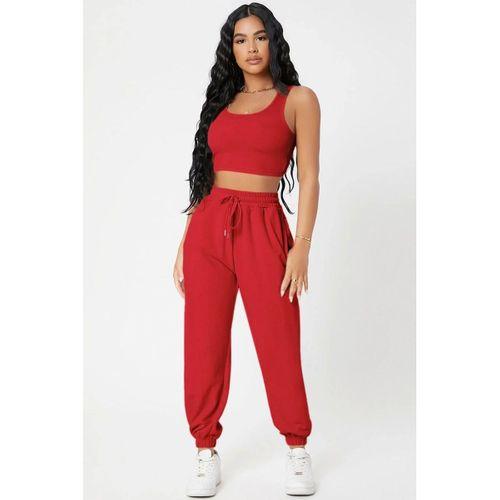 Kadın Kırmızı Premium Görünümlü Kaşkorse Cepli Jogger Eşofman Altı Ve Crop Top Bluz Takımı