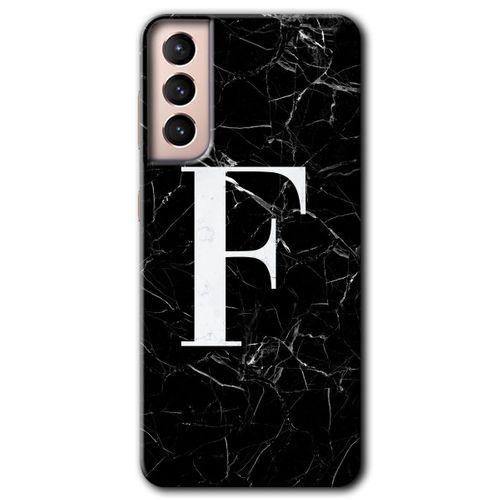 MRCİLETİSİM Samsung Galaxy S21 Plus Kılıf HD Desen Baskılı Arka Kapak + Temperli Cam - Siyah Mermer Desenli F Harfi