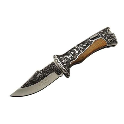 A3189c Kahve Kamp Çakısı 23cm- Manuel, At İşlemeli Ahşap Sap, Özel Kutulu, Kılıflı