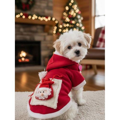 Santa's Bag Yılbaşı Köpek Kıyafeti Premium Kırmızı Polar | Kapüşonlu Noel Köpek Kostümü | Küçük Irklar İçin