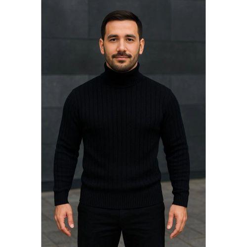 Erkek Balıkcı Yaka Bağazlı Triko Kazak Pamuklu Kalın Fitilli Dokuma, Regular Fit Uzun Kollu Kışlık Model - Siyah