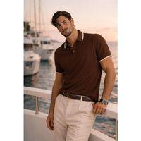 Balzac Yakası Şeritli Düğmeli Polo Yaka Basic Günlük Petek Örgü Triko Erkek T-Shirt - Kahve