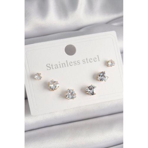 316L Çelik Gold Renk Zirkon Taşlı Kalp Model Kadın Küpe Seti