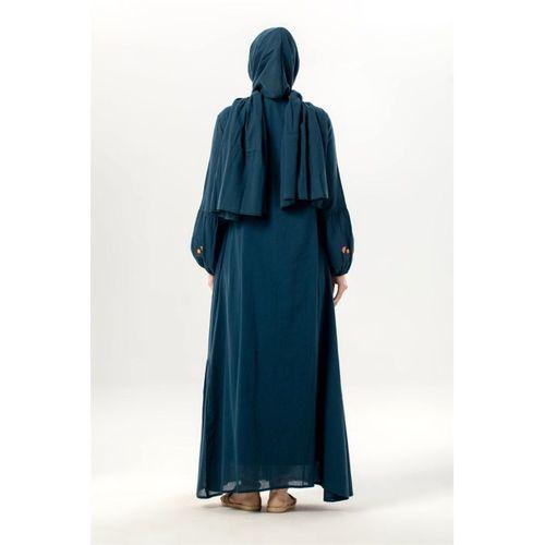 Uzun Kol Ala Nakışlı Püskül Bağcıklı Hakim Yaka Yazlık Şile Bezi Uzun Elbise Petrol Ptrl