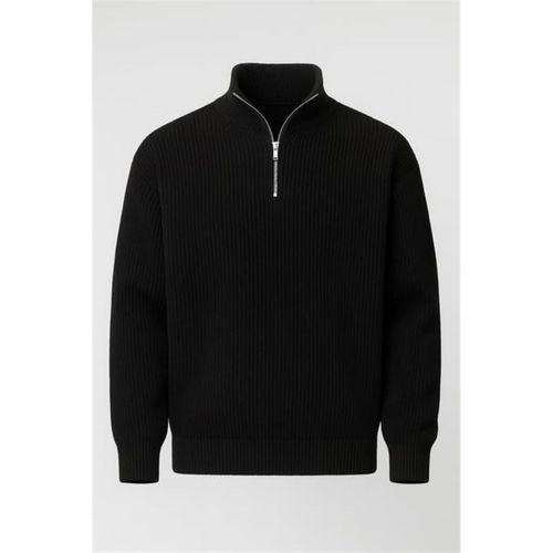 Nolan Oversize Selanik Örgü Yarım Fermuar Erkek Triko Kazak - Siyah