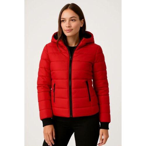 Şişme Kapüşonlu Fermuarlı Mont Su Itici Kapitone Astarlı Kumaş Cepli Kışlık Rahat Kalıp - Kırmızı