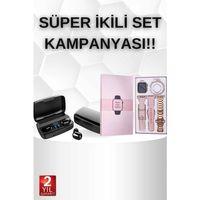 Wireless Şarjlı Pembe Akıllı Saat Ve Kablosuz Bluetooth Kulaklık Dokunmatik Kontrol