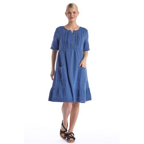 Kısa Kol İndigo Kare Yaka Cep Detaylı Midi Boy Müslin Yazlık Elbise