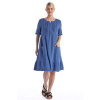 Kısa Kol İndigo Kare Yaka Cep Detaylı Midi Boy Müslin Yazlık Elbise