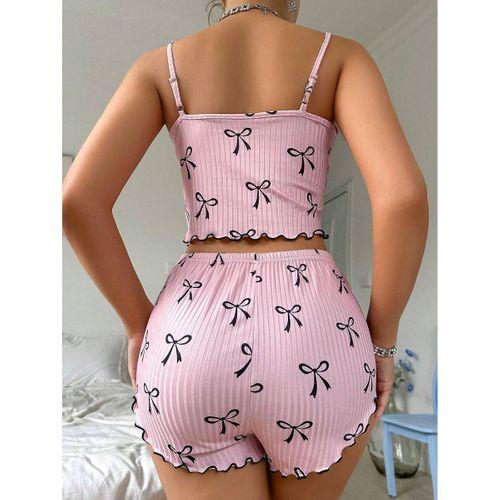 Pembe Fiyonklu Askılı Şortlu Kadın Pijama Takımı, Yumuşak Kumaş, Şık Detaylar,yazlık Kadın Pijama