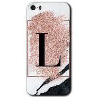 iPhone 5 Kılıf HD Desen Baskılı Arka Kapak - Pembe Mermer Desenli L Harfi