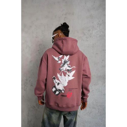 Erkek Şapkalı Güvercin Baskılı Kapşonlu Sweat - Gül Kurusu