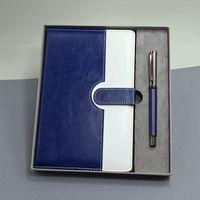 Mavi Beyaz Deri Kapaklı Defter Ve Metal Kalem Set