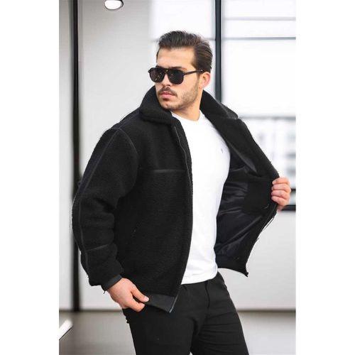 İçi Astarlı Şerit Detaylı Peluş Erkek Mont - Siyah