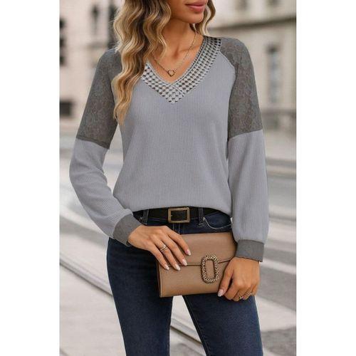 Kadın Uzun Kollu V Yakalı Dantelli Waffle Bluz