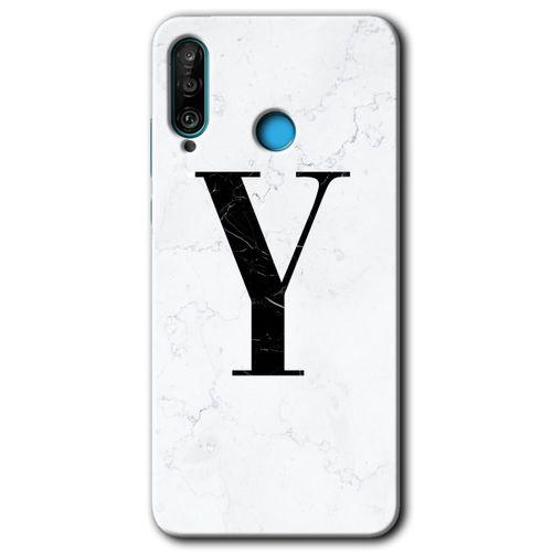 MRCİLETİSİM Huawei P30 Lite Kılıf Kapak - Beyaz Mermer Desenli Y Harfi +Hayalet Ekran Yandan Gözükmez