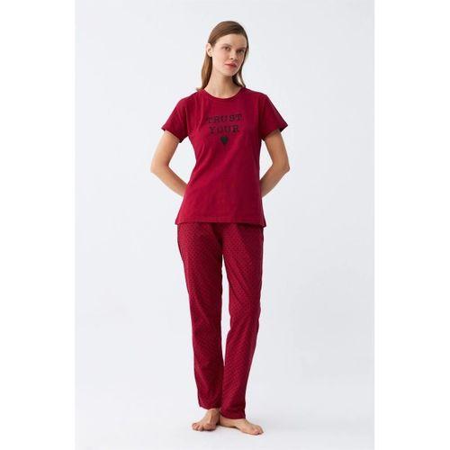 Kadın Bordo Kalp Desenli Kısa Kollu Penye Pijama Takımı