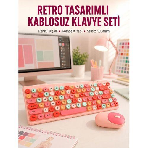 Renkli Retro Tuş Takımlı Klavye – 3 Cihaz Bağlantısı, Medya Kısayol Tuşları Yeni Nesil