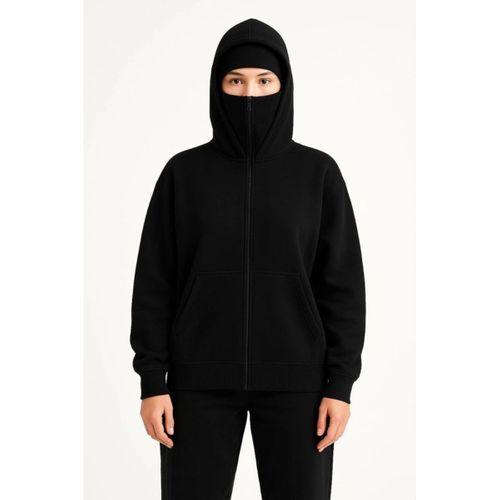 Samuray Ninja Çift Kapşonlu ZIP Fermuarlı Kanguru Çepli Hoodie Maske Detaylı Swetshirt - Siyah